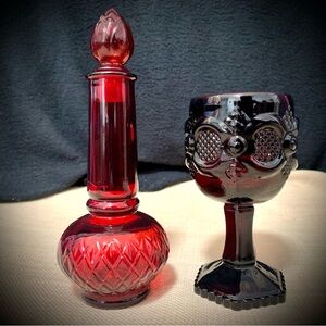 Bundle – 2 Vintage Red Avon Glass Bottles – Wild Rose + Goblet Style